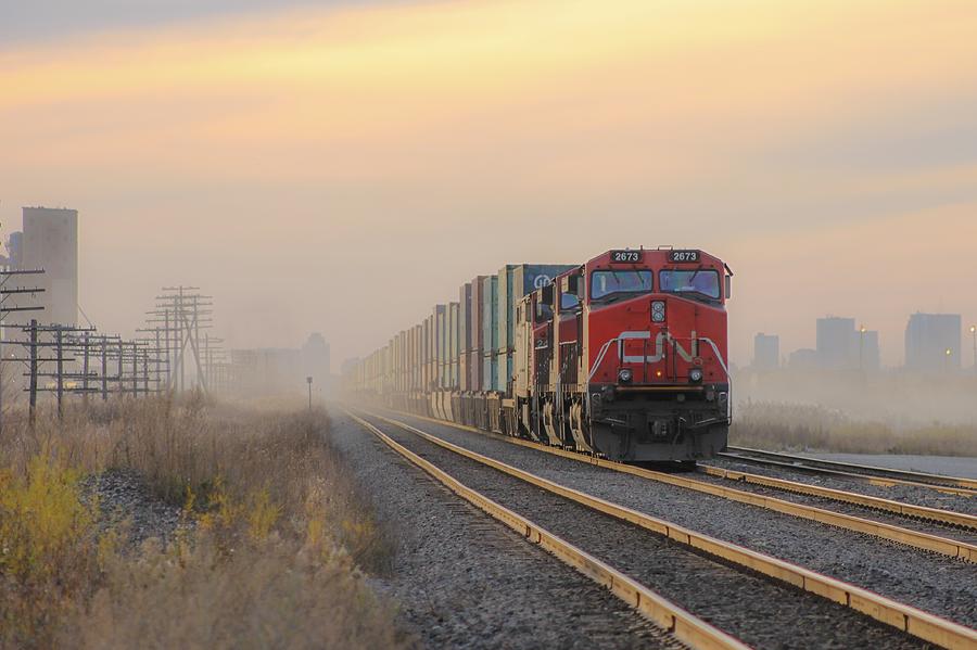 Transportation Photograph - Fog Train in Winnipeg Manitoba by Steve Boyko