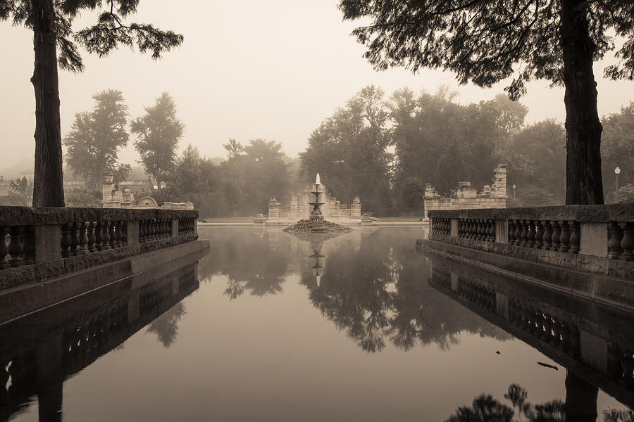 Fogged Ruins and Fountain Pond Photograph by Scott Rackers