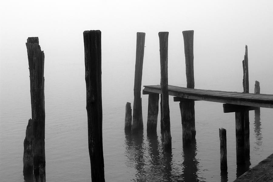 Foggy Dock Black and white Photograph by Mary Bedy