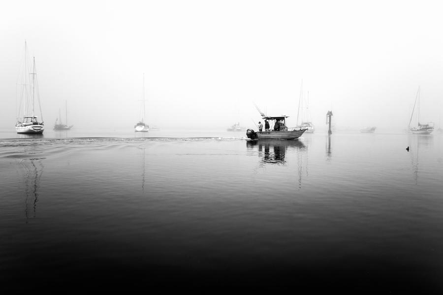 Black And White Photograph - Foggy Fishing Trip In Black And White by Priya Ghose