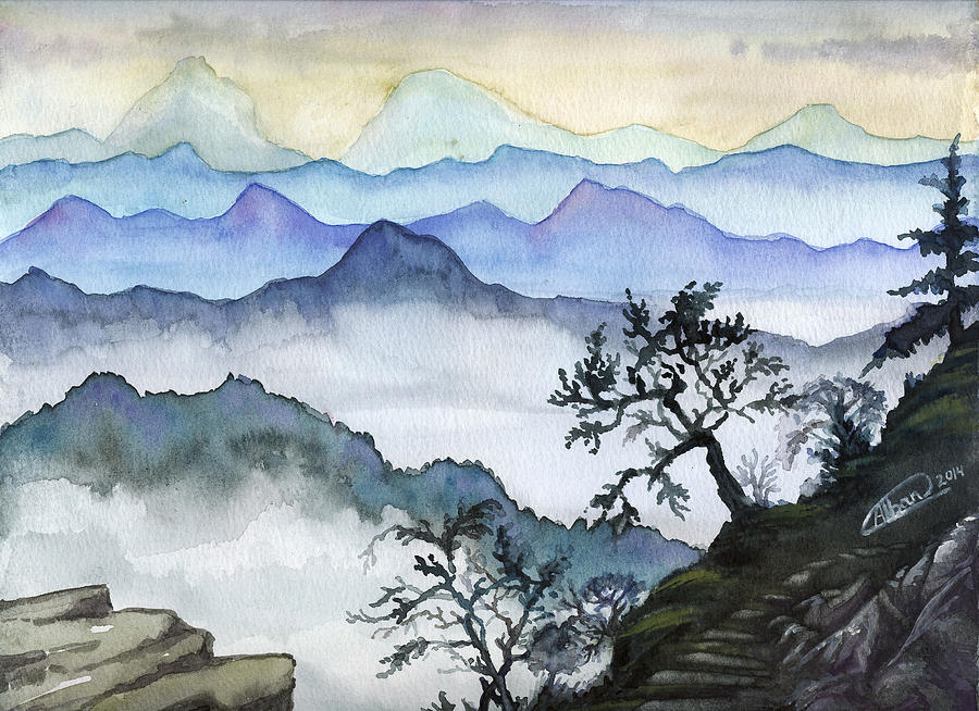 Foggy mountaines sunset view  Painting by Alban Dizdari