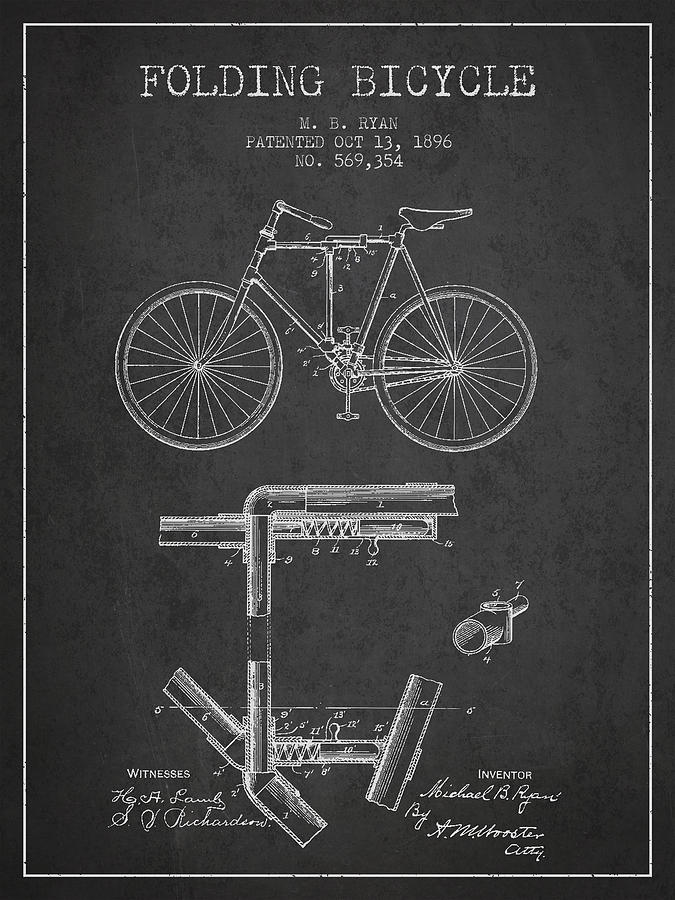 Folding Bicycle Patent Drawing From 1896 - Dark Digital Art