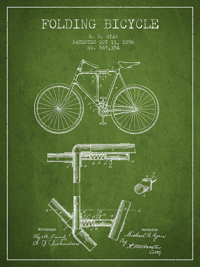 Folding Bicycle Patent Drawing From 1896 - Green Digital Art