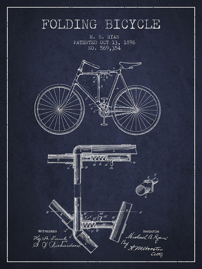 Folding Bicycle Patent Drawing From 1896 - Navy Blue Digital Art