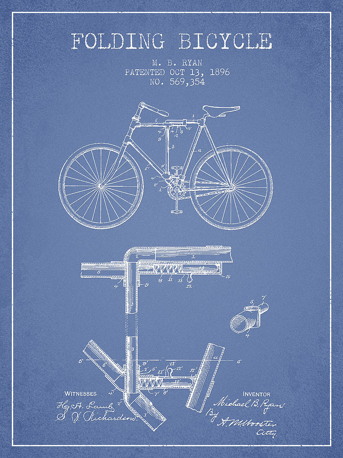 Folding Bicycle Patent Drawing From 1896 - Light Blue Digital Art