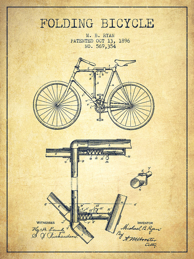 Folding Bicycle Patent Drawing From 1896 - Vintage Digital Art