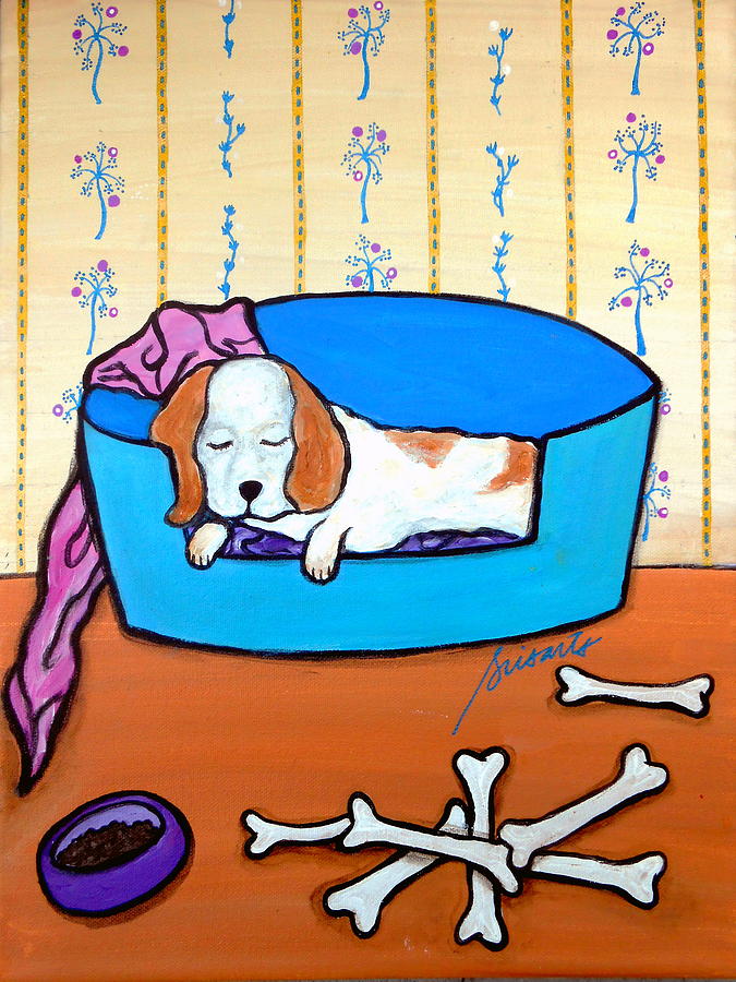 Folk art  Dog in Slumber Painting by Pristine Cartera Turkus
