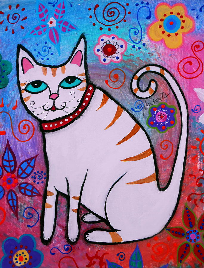 Folk art White Cat Painting by Pristine Cartera Turkus
