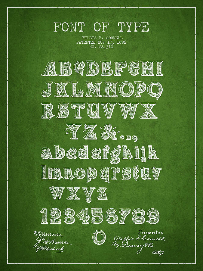 Typography Drawing - Font of  Type Patent Drawing from 1896 - Green by Aged Pixel