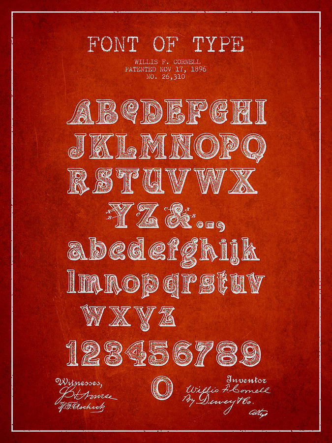 Font of Type Patent Drawing from 1896 Red Drawing by Aged Pixel