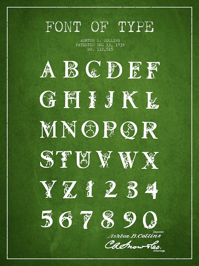 Typography Digital Art - Font Patent Drawing from 1938 - Green by Aged Pixel