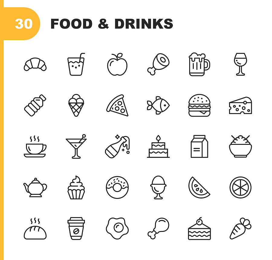 Food and Drinks Line Icons. Editable Stroke. Pixel Perfect. For Mobile and Web. Contains such icons as Bread, Wine, Hamburger, Milk, Carrot, Fruit, Vegetable. Drawing by Rambo182