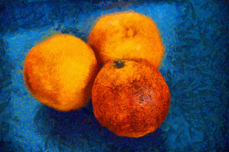 Food still life - three oranges on blue - digital painting Digital Art by Matthias Hauser