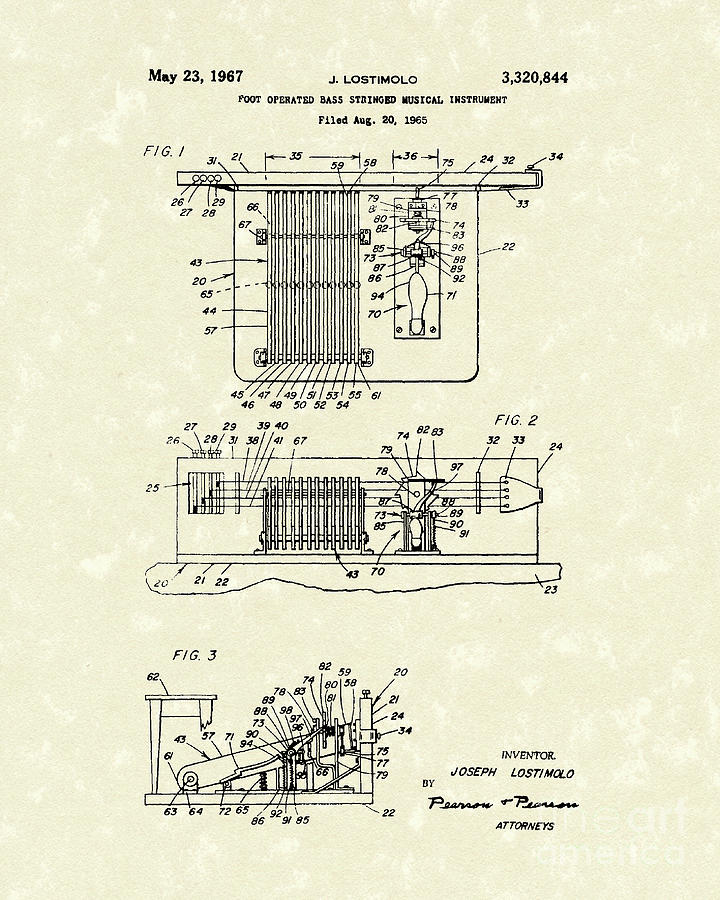 Foot Guitar 1967 Patent Art Drawing by Prior Art Design
