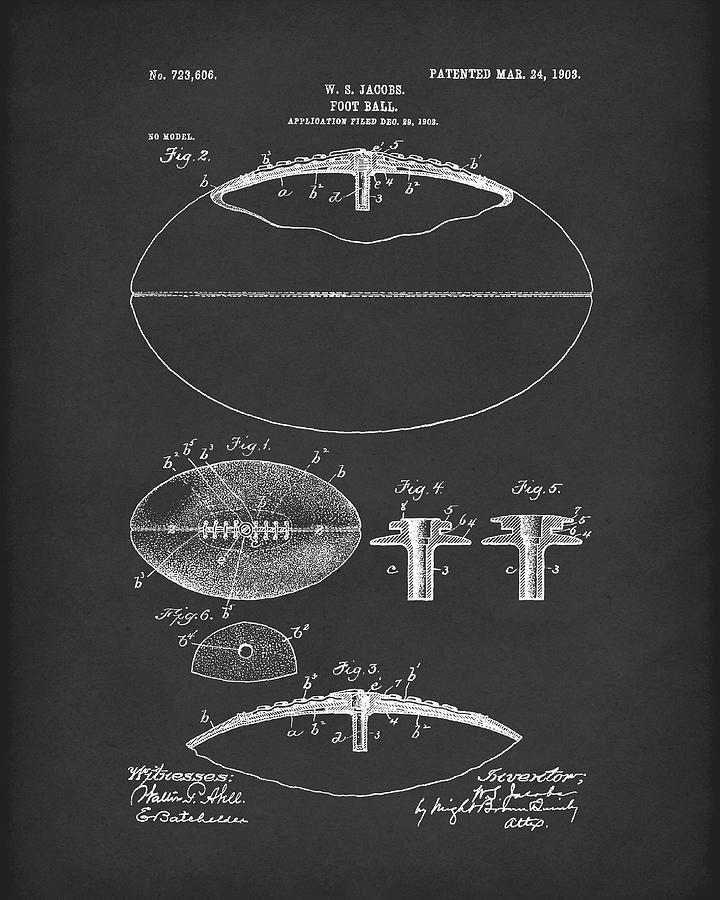 Football 1903 Jacobs Patent Art Black Drawing by Prior Art Design