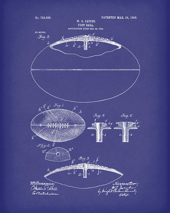 Football 1903 Jacobs Patent Art Blue Drawing by Prior Art Design