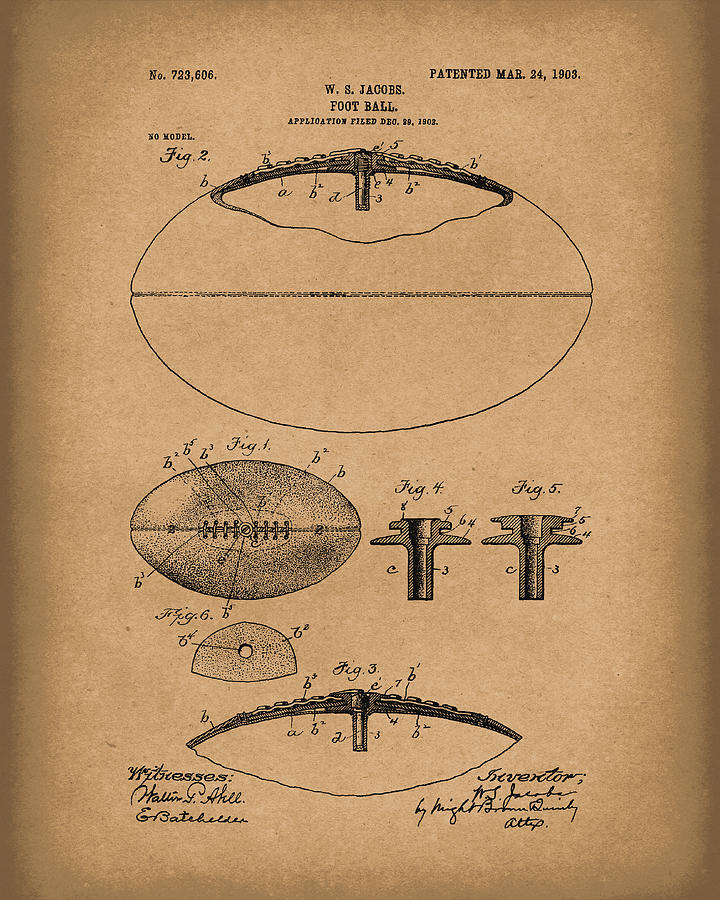 Football 1903 Jacobs Patent Art Brown Drawing by Prior Art Design