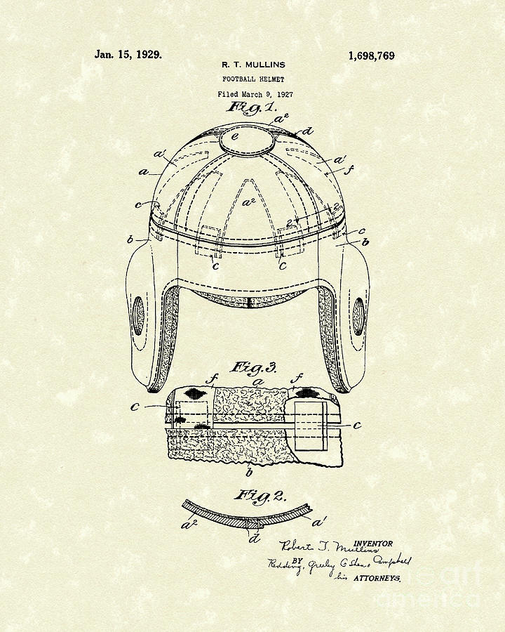Football Helmet 1929 Patent Art Drawing by Prior Art Design