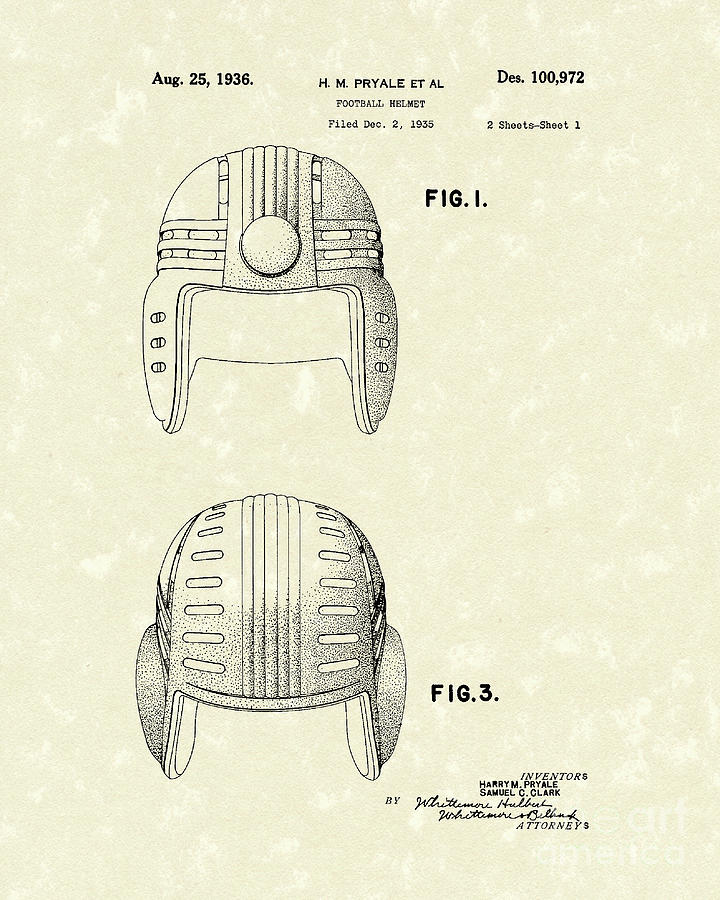Football Helmet 1936 Patent Art Drawing by Prior Art Design