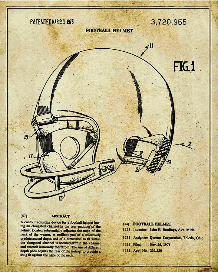 Football Helmet Patent Blueprint Drawing Tan Mixed Media