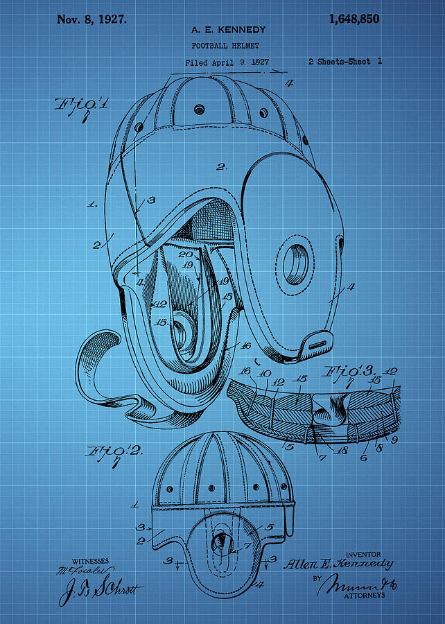 Football Helmet Patent  From 1927 - Blue Photograph by Chris Smith