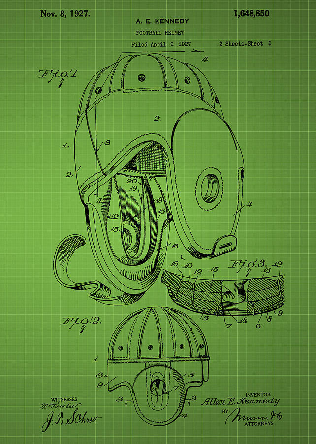 Football Helmet Patent  From 1927 - Green Photograph by Chris Smith