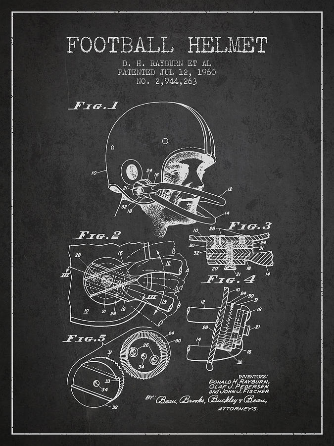 Football Helmet Patent From 1960 - Charcoal Digital Art