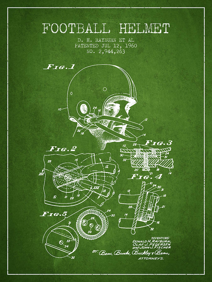 Football Helmet Patent From 1960 - Green Digital Art