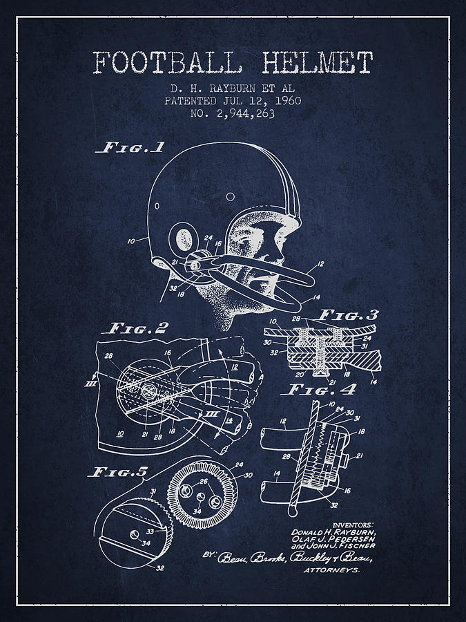 Football Helmet Patent From 1960 - Navy Blue Digital Art