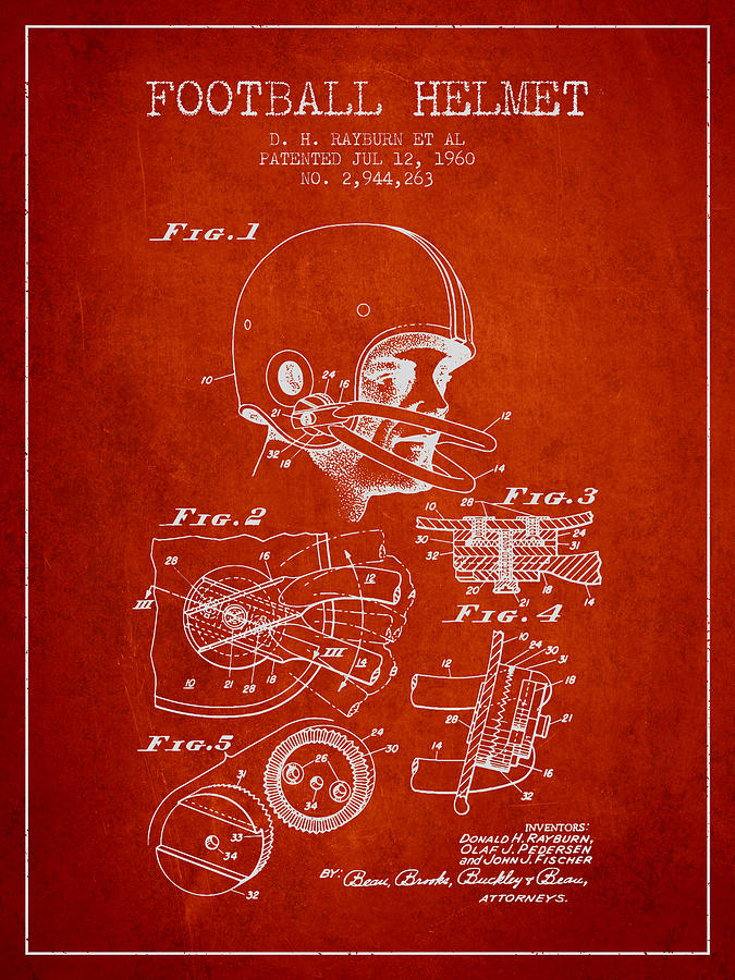 Football Helmet Patent From 1960 - Red Digital Art