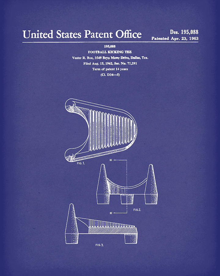 Football Kicking Tee 1963 Patent Art Blue Drawing by Prior Art Design