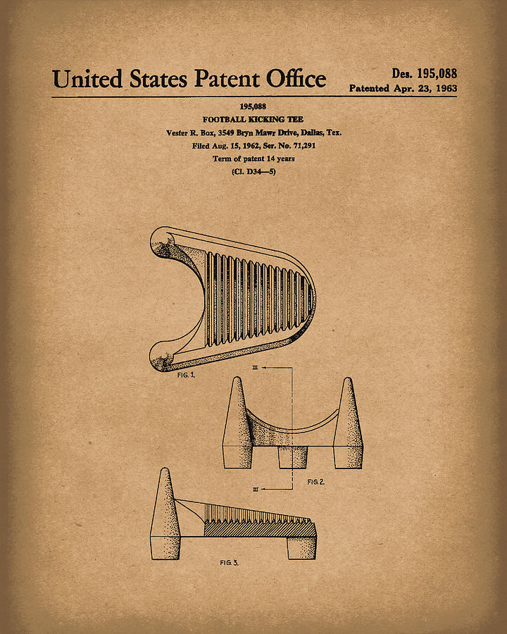 Football Kicking Tee 1963 Patent Art Brown Drawing by Prior Art Design
