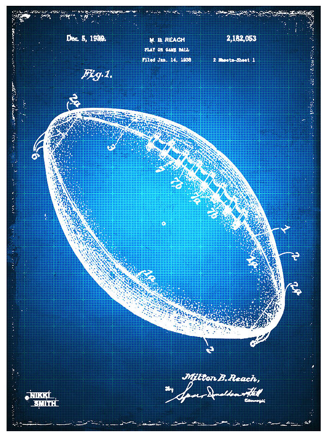 Football Patent Blueprint Drawing Blue Mixed Media by Tony Rubino