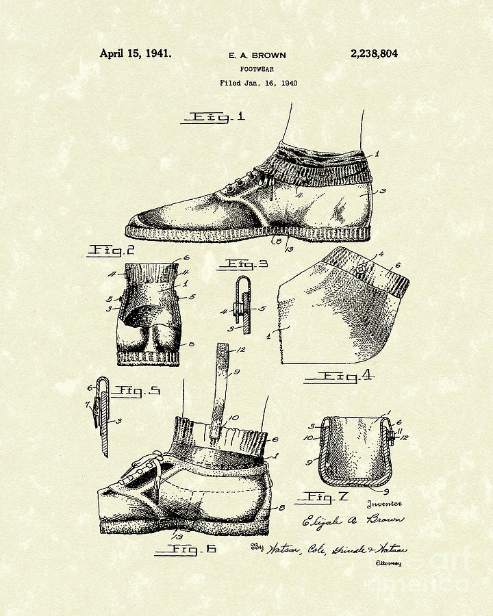 Brown Drawing - Footware 1941 Patent Art by Prior Art Design