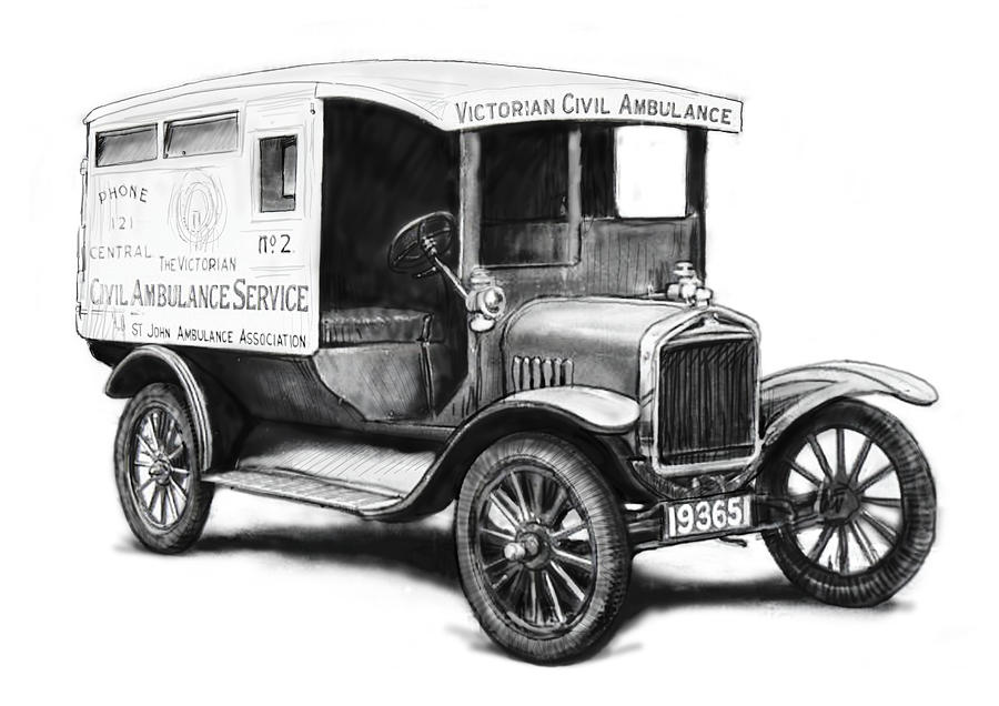 Portrait Painting - Ford 1923 civil ambulance car drawing poster by Kim Wang