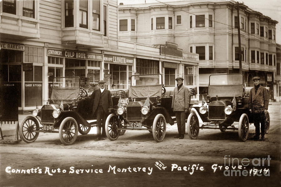 Car Photograph - Ford autos Connetts Auto Service Monterey - Pacific Grove 1914 by Monterey County Historical Society