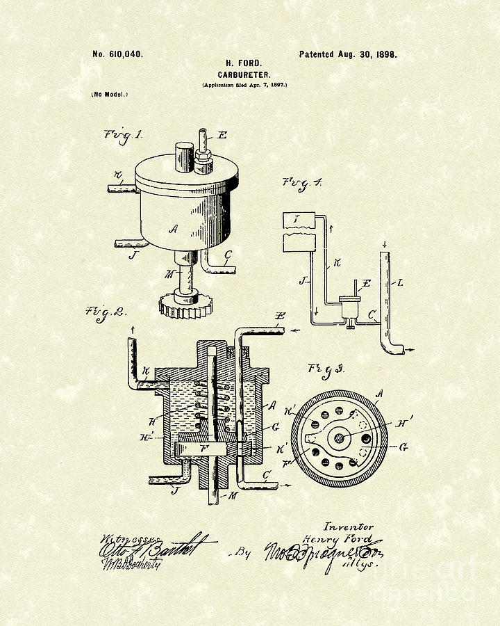 Ford Carburetor 1898 Patent Art Drawing by Prior Art Design
