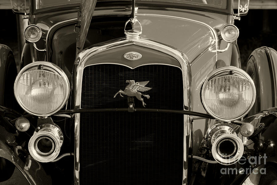 Transportation Photograph - Ford Classic Car Automobile Grill in Sepia 3012.01 by M K Miller