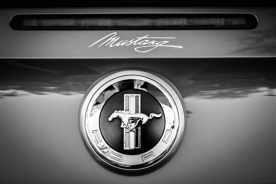 Black And White Photograph - Ford Mustang Gas Cap Emblem -0002bw by Jill Reger
