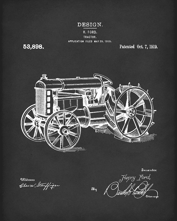 Farm Drawing - Ford Tractor 1919 Patent Art Black by Prior Art Design