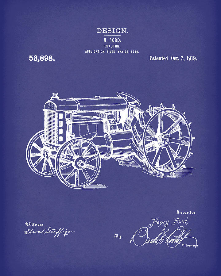 Ford Tractor 1919 Patent Art Blue Drawing by Prior Art Design