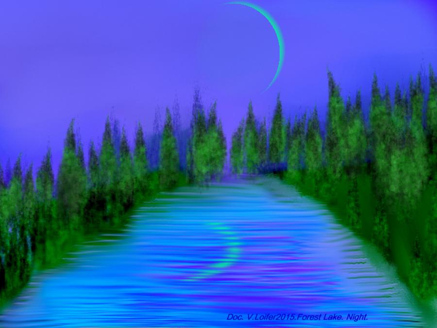 Forest Lake. Night. Digital Art by Dr Loifer Vladimir