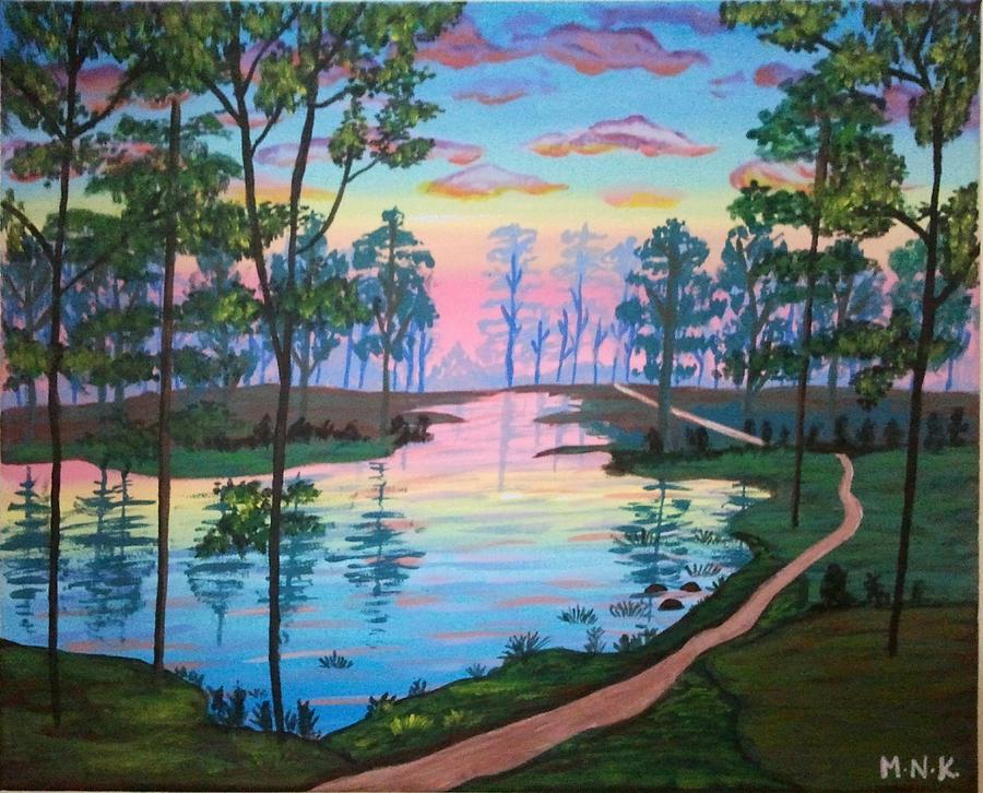 Tree Painting - Forest Trail Lake by Mehveen Khan
