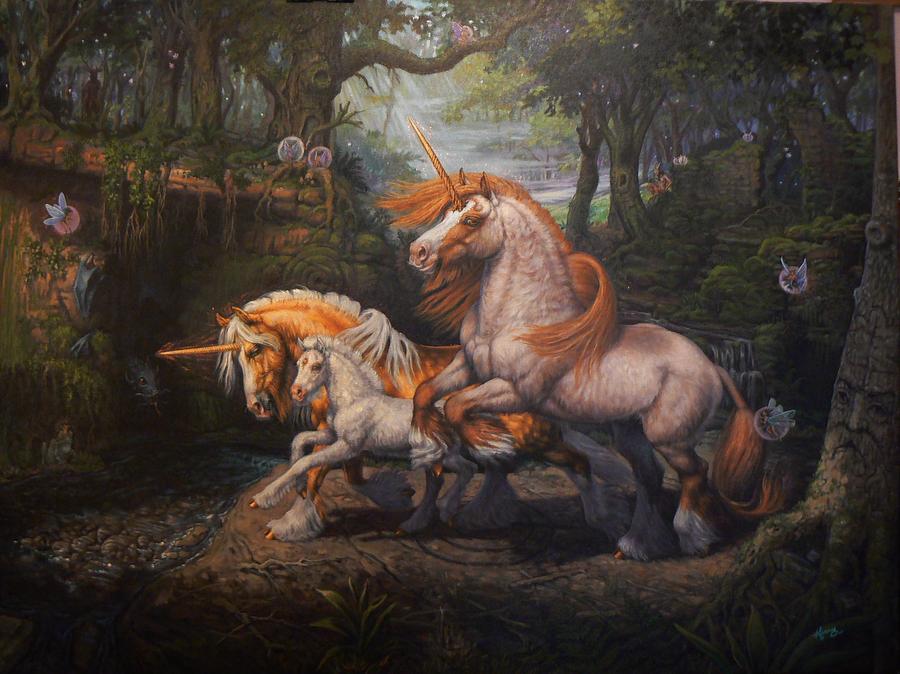 Horse Painting - Forest Unicorns by Kerry Nelson