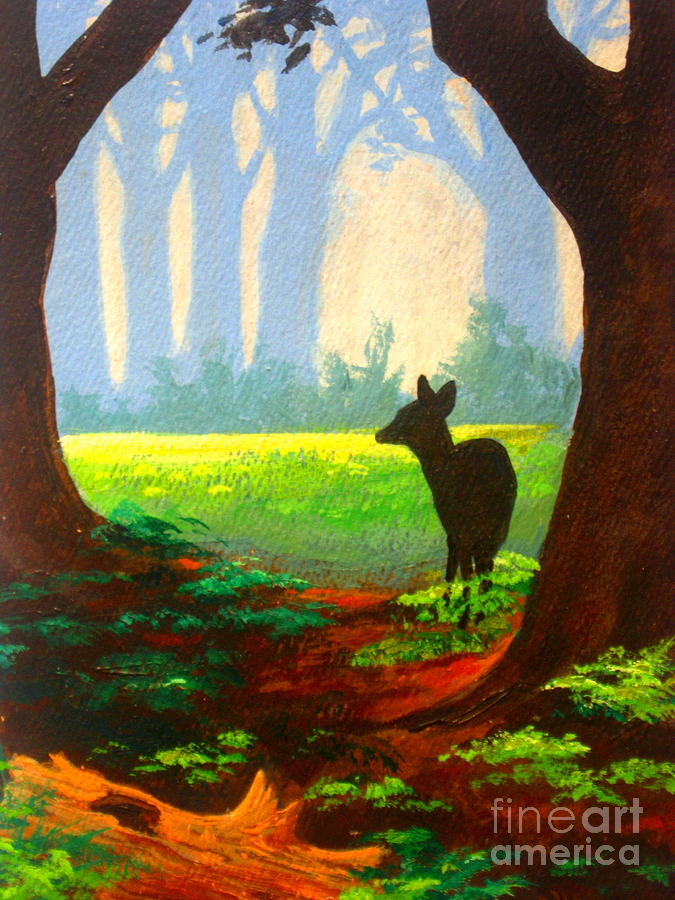 Deer Painting - FOREST  WATCH  by former Disney artist by Shasta Eone