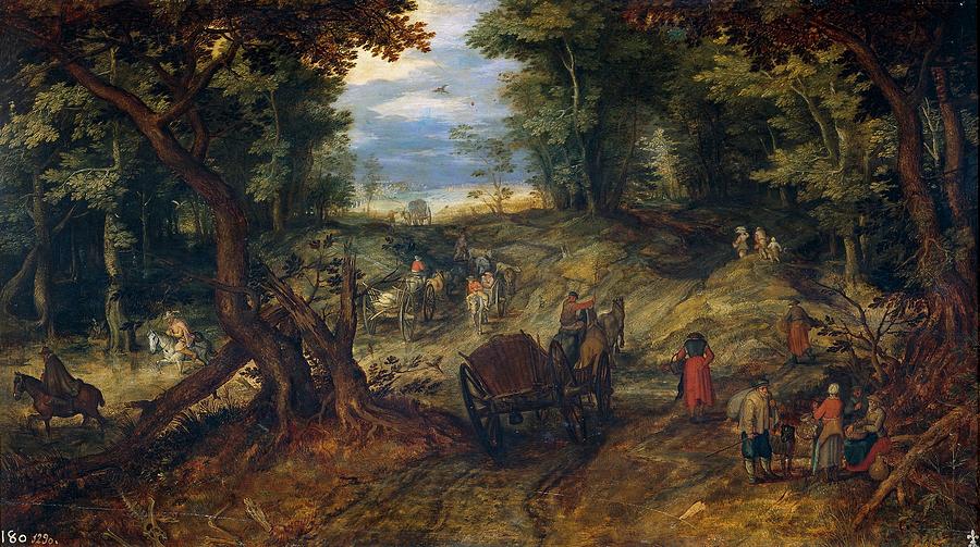 Landscape Painting - Forest with a creek crossing wagons and riders by Jan Brueghel the Elder