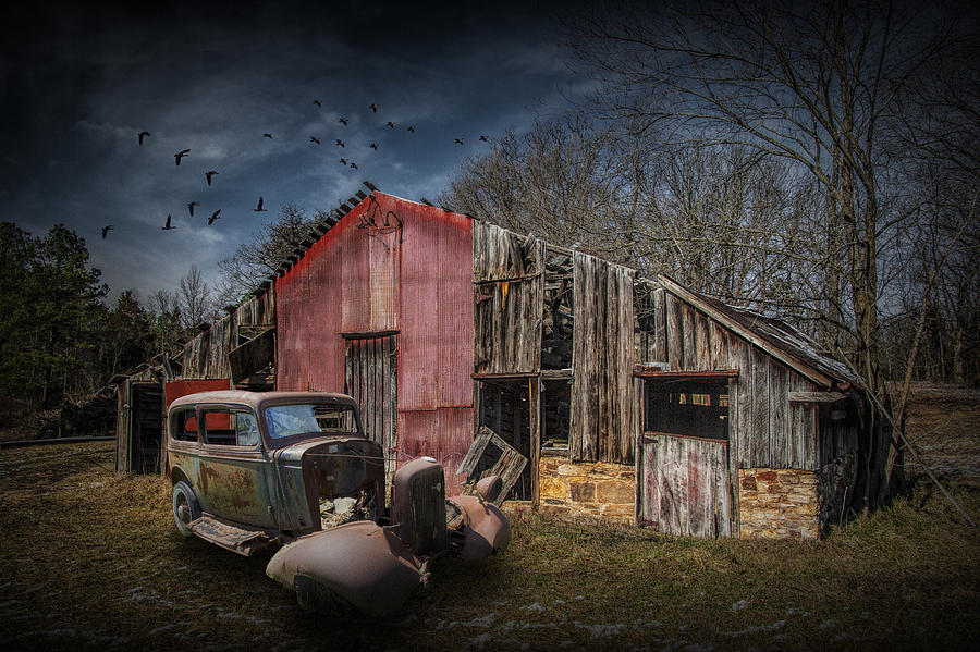 Forlorn Abandoned Rundown Farm Homestead With Rusty Vintage Auto