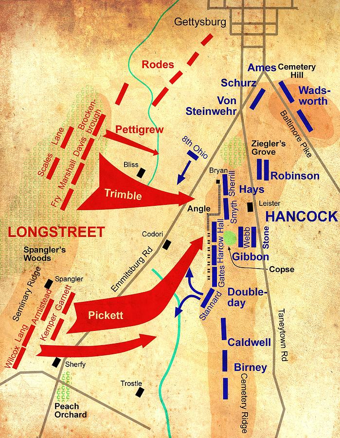 Gettysburg National Park Drawing - Formational Map of Picketts Charge - Battle of Gettysburg by Mountain Dreams