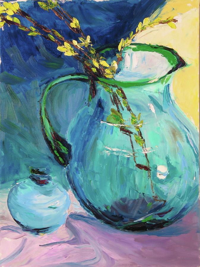 Forsythia in a Glass Jar Painting by Nicolas Bouteneff