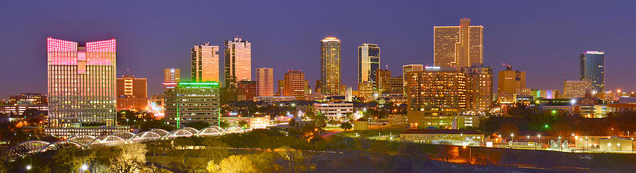 Fort Worth Skyline Photograph - Fort Worth Skyline at Night Color Evening Panorama Ft. Worth Texas by Jon Holiday